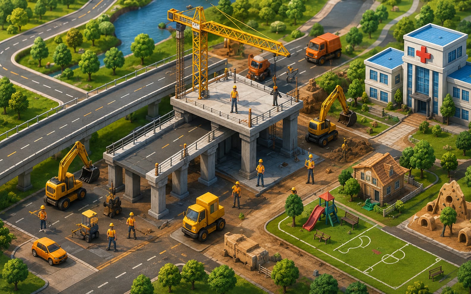 Zona de construcción e infraestructura pública isométrica
